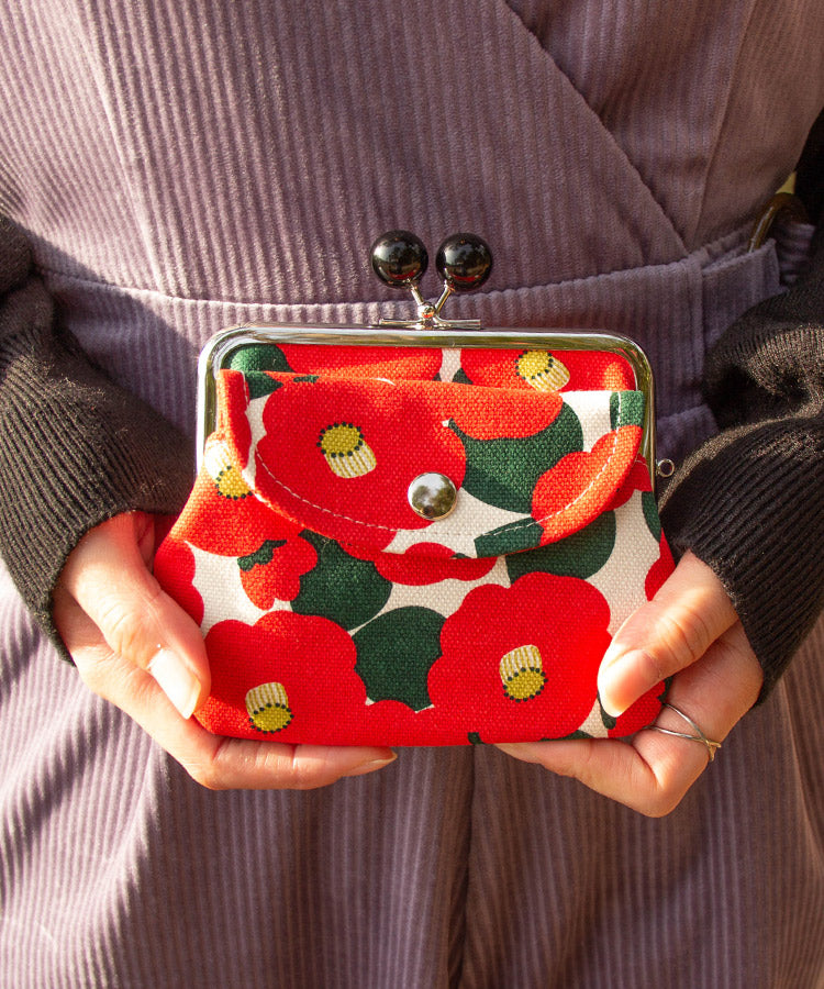 Yellow Camellia Double Clasp Coin Purse / Gamaguchi Japanese Coin Purse