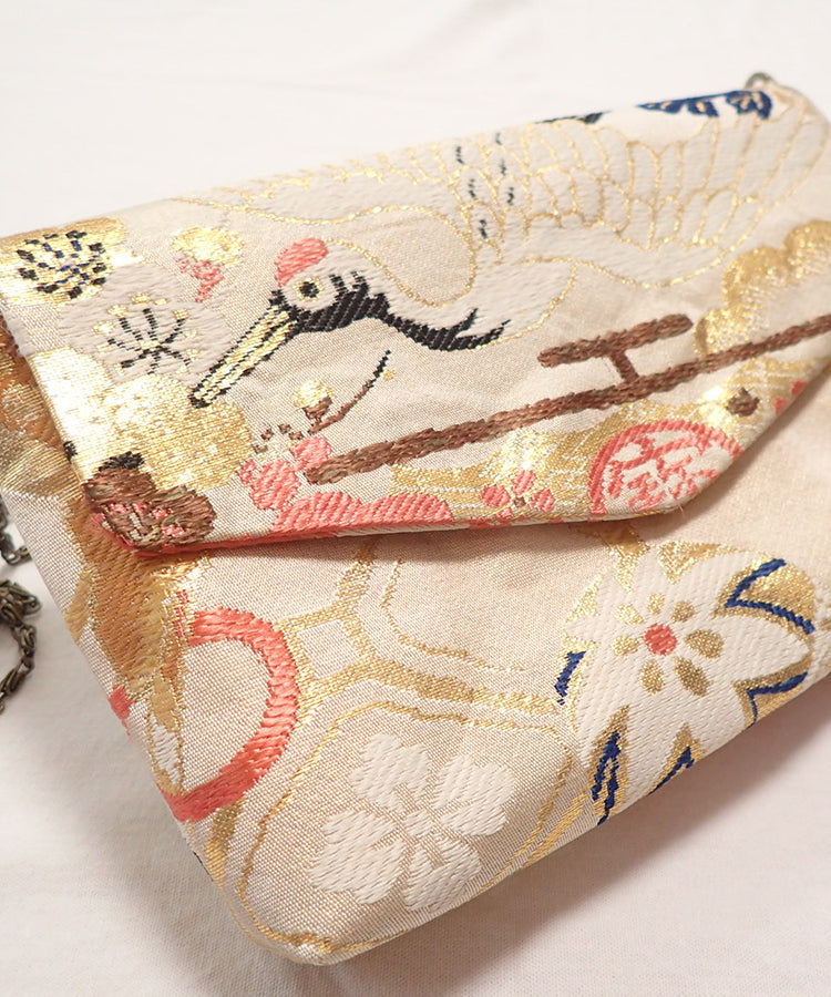 Beige Base Vintage Kimono Obi Detachable Crossbody Bag / White Bird Japanese Shoulder Bag