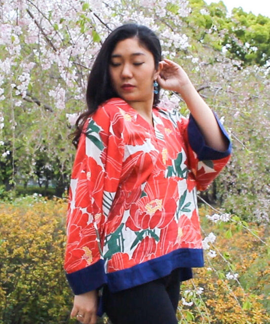  Red Floral Print Hakunarai Kimono Shirt